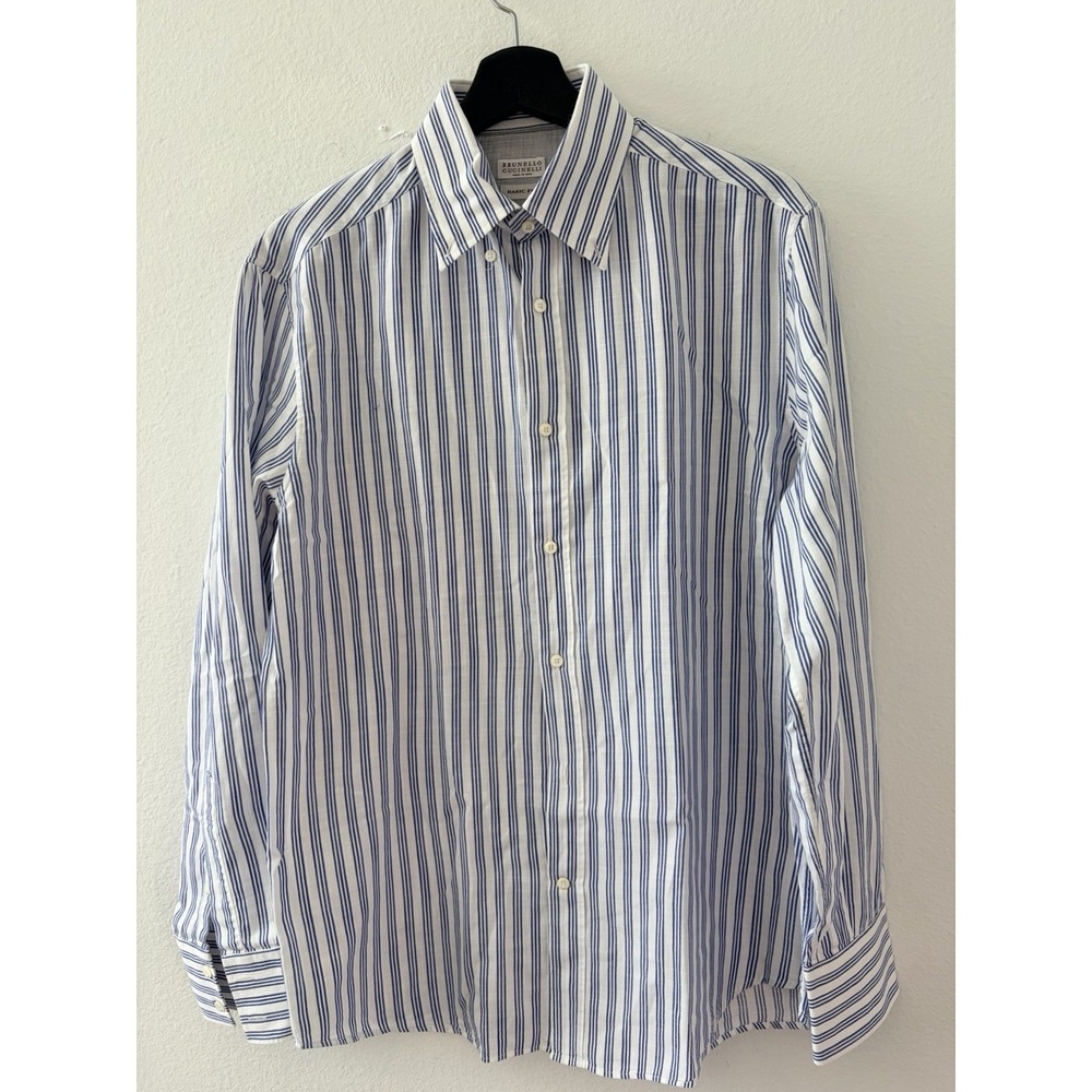 Brunello Cucinelli Dress Shirt Mens Large Blue White Striped Basic Fit Italy
